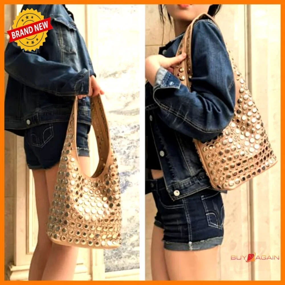 Y2K Punk Studded Hobo Shoulder Bag Vegan Leather Tote Purse